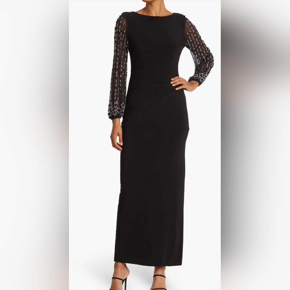 NWT Marina Elegant Black Evening Gown with Beaded Sleeves Sz 8
